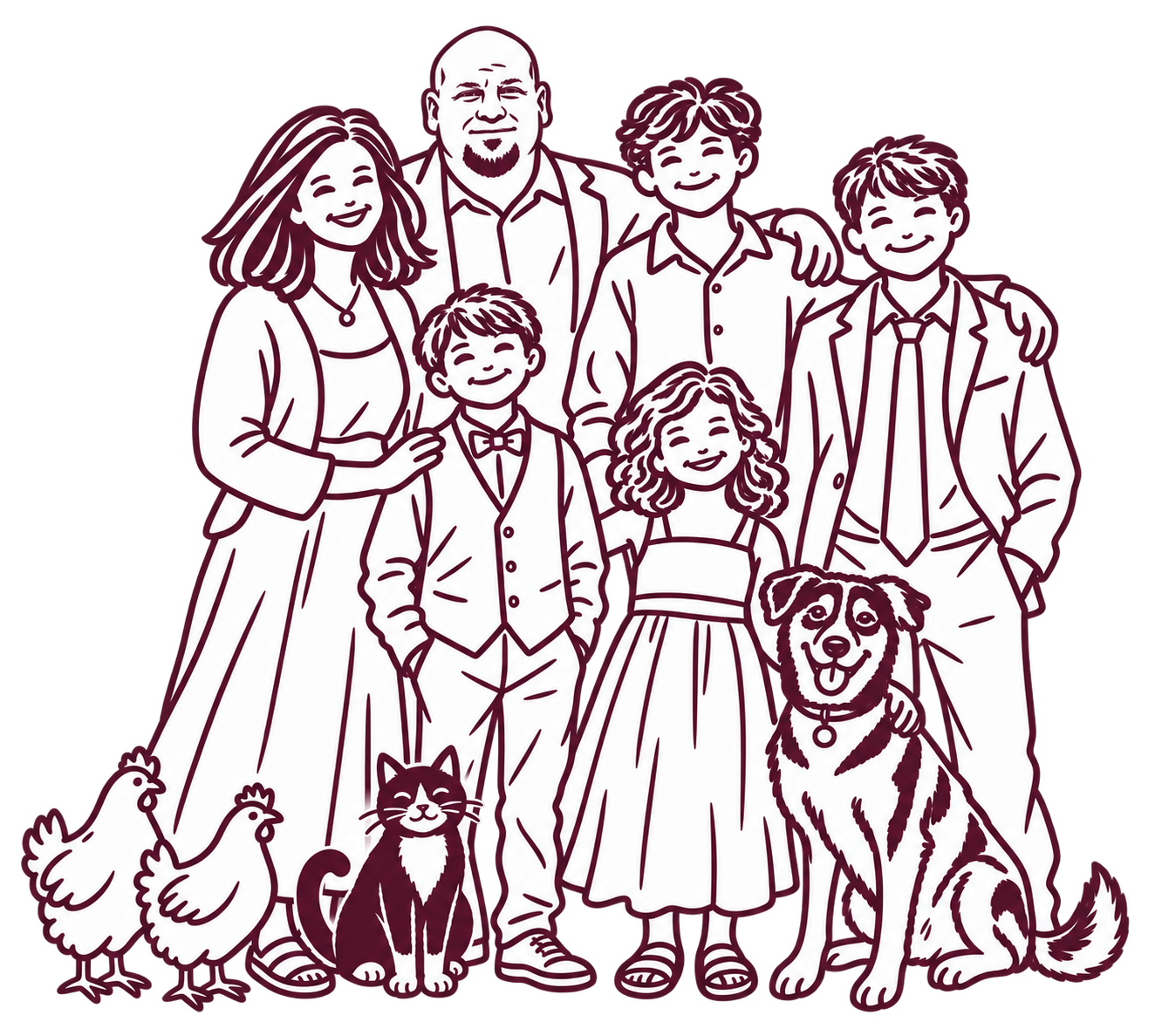 A plum-ink cartoon of Anthony, his wife and their four children, with Apollo the dog, Pan the mostly black cat with white markings, and two chickens.